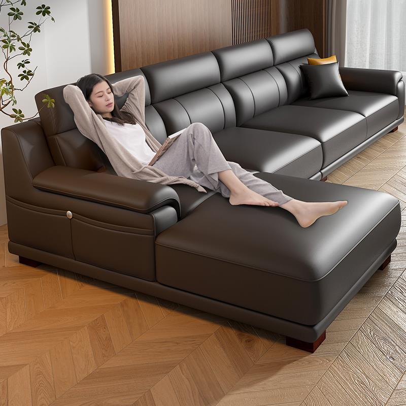 金姿真皮沙发头层牛皮现代简约左右贵妃大小户型客厅实木家具组合