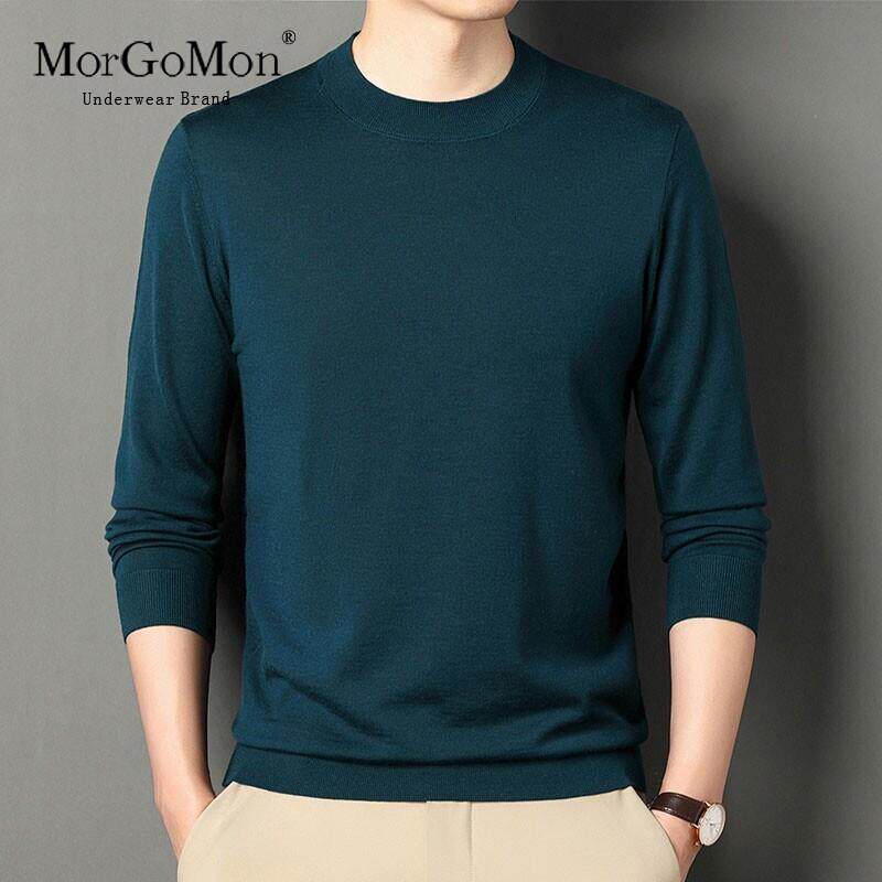 MORGOMON慕格蔓羊毛衫男圆领超薄精纺秋冬贴身纯色羊毛男士打底衫