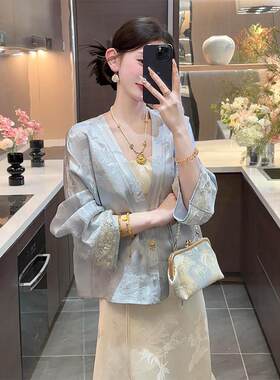 轻奢2026春夏新中式轻国风套装女高级感绸面提花外套半身裙两件套