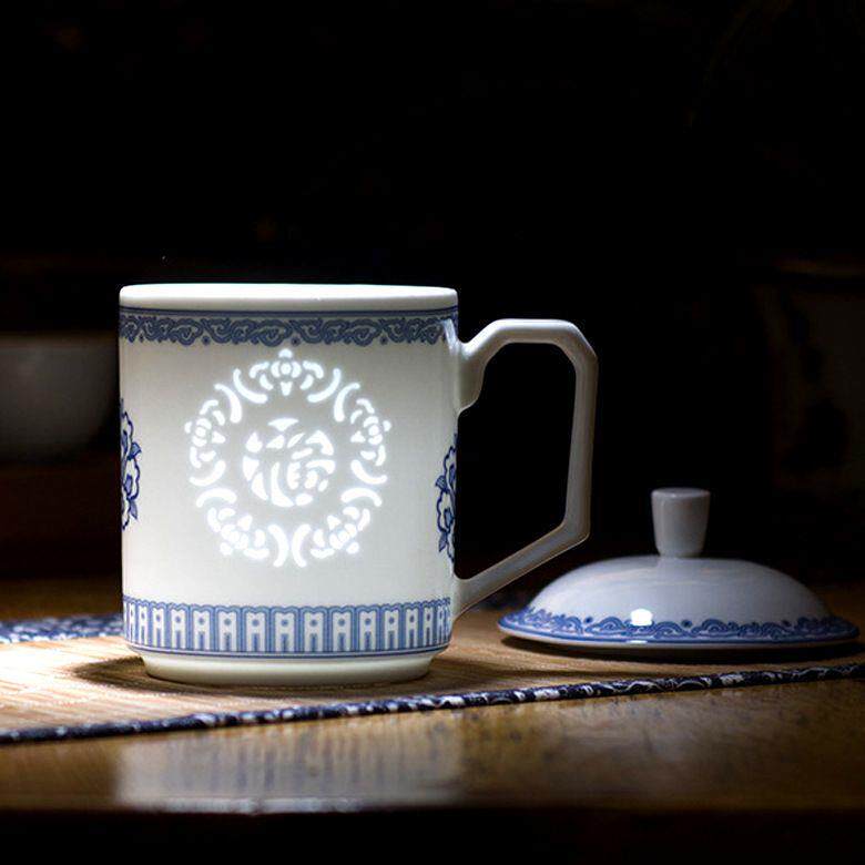 青花玲珑茶杯陶瓷带盖景德镇高温大号陶瓷杯办公室水杯大容量杯子