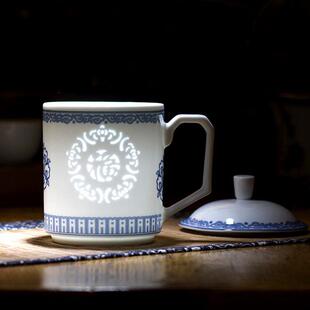 青花玲珑茶杯陶瓷带盖景德镇高温大号陶瓷杯办公室水杯大容量杯子