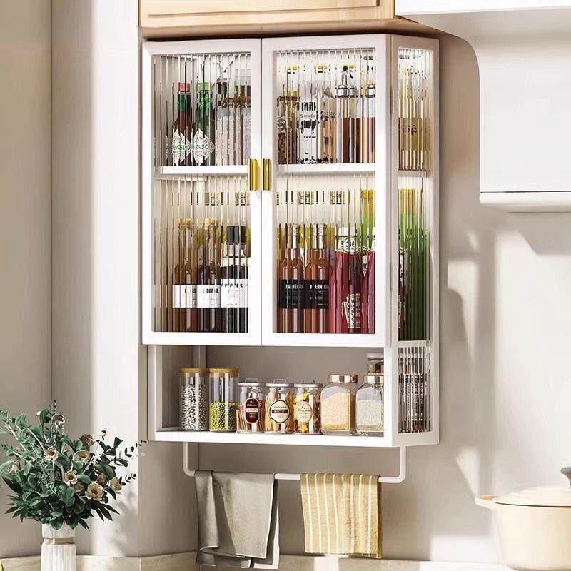 厨房置物架多层带柜门免打孔防尘调味料壁挂式储物柜墙上收纳架子