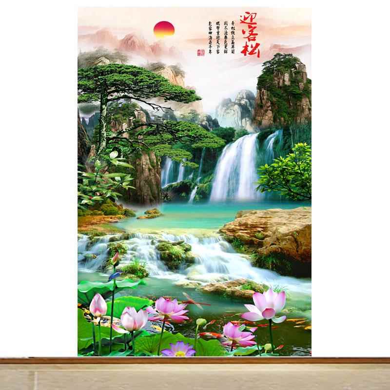竖版山水风景装饰画迎客松流水生财荷花图客厅卧室背景墙自粘壁画图片