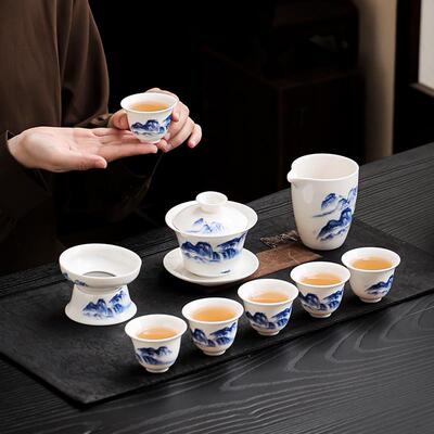高档羊脂玉德化茶具套装白瓷功夫玉瓷陶瓷青花瓷蓝彩盖碗茶具整套
