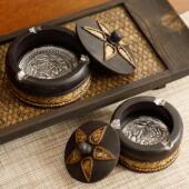 泰国实木烟灰缸创意个性 覆古家用客厅办公室摆件带盖子烟灰 新中式