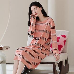 春秋季新款纯棉睡裙女士长袖加大码全棉睡衣家居服连衣裙可外穿胖