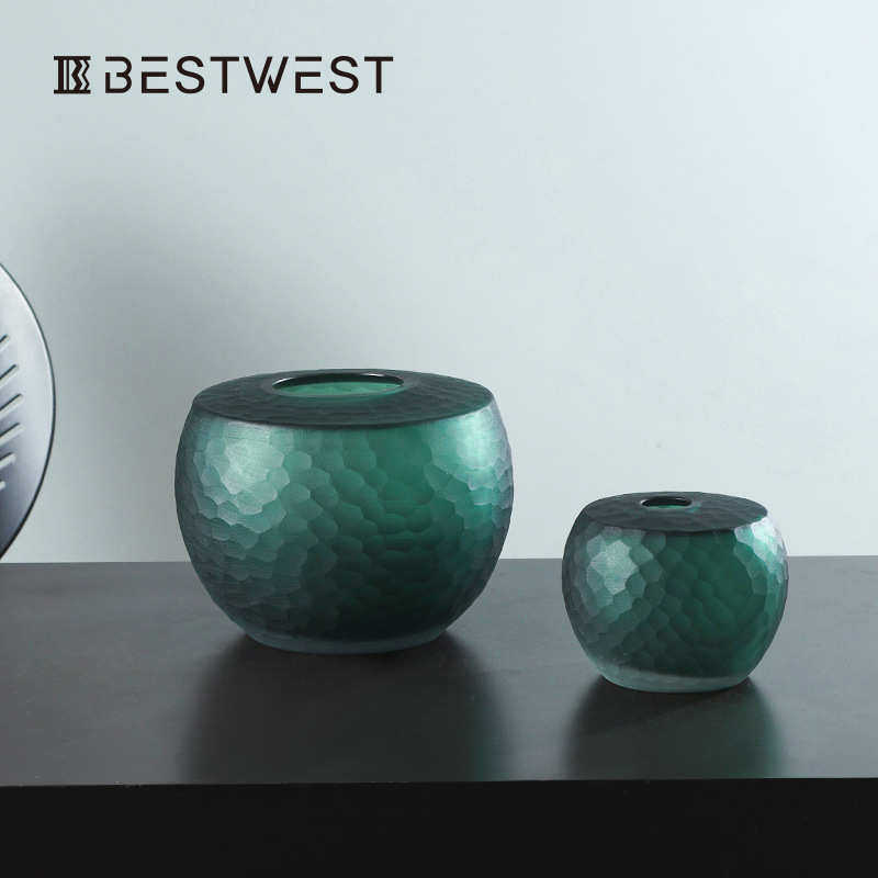 Best west 中古风高档扁平鱼鳞纹玻璃花瓶花器 家居绿色中式摆件