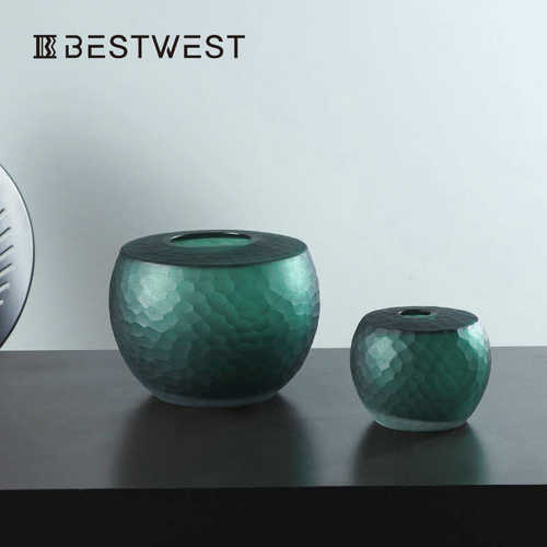 Best west 中古风高档扁平鱼鳞纹玻璃花瓶花器 家居绿色中式摆件