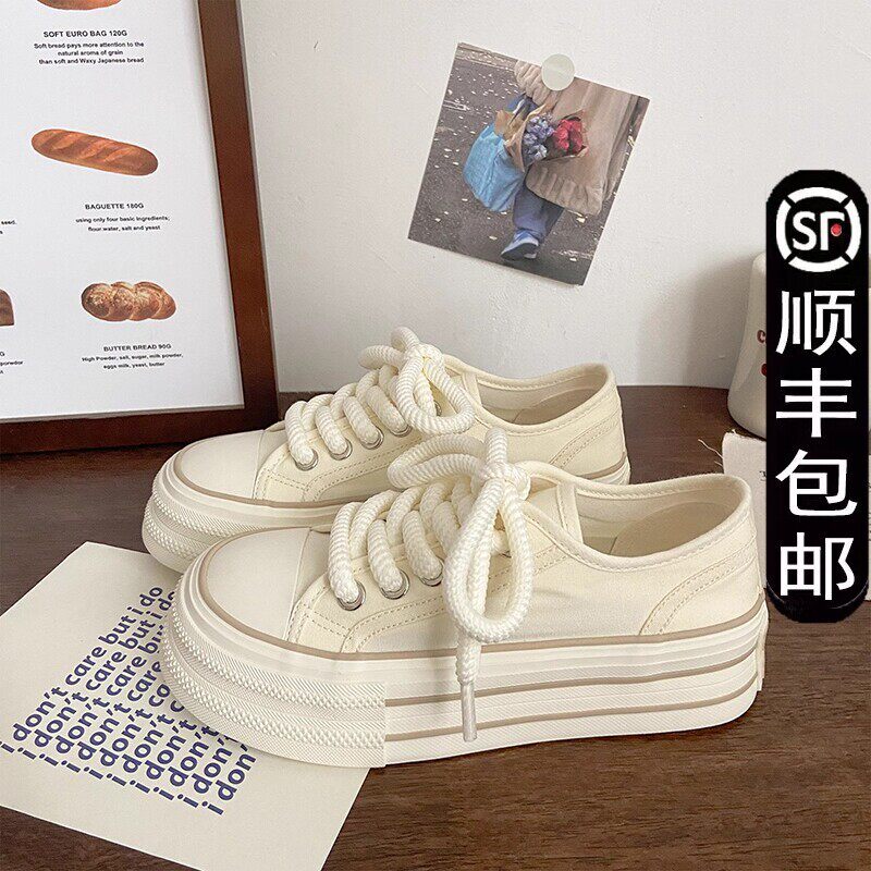 女士厚底不累脚帆布鞋夏季女薄款新款ins潮小众大头松糕学生小白