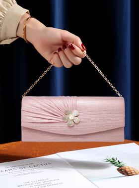 潮牌韩版手拿晚宴包礼服百塔包新款褶花朵镶钻简约女士单肩斜挎包