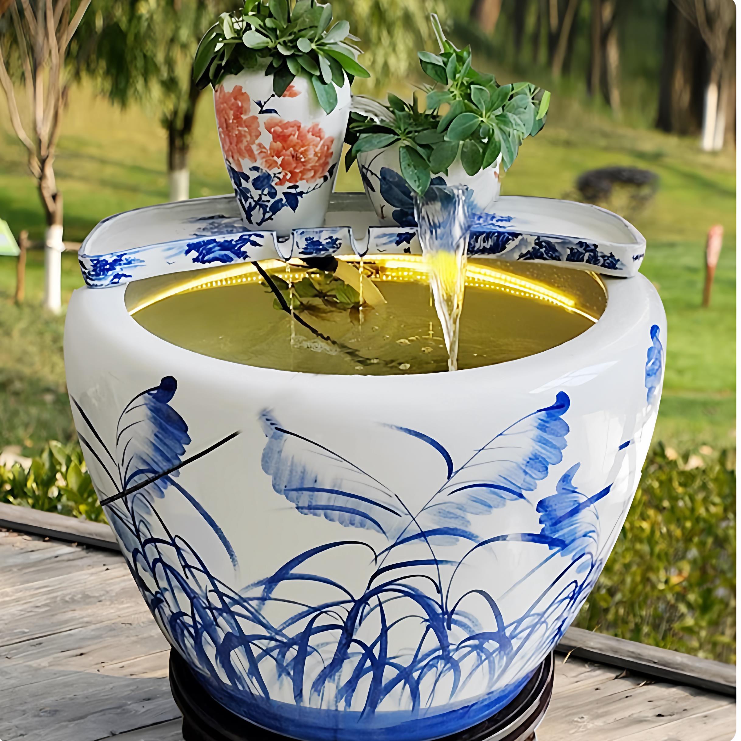 景德镇流水瀑布陶罐流水盆古法缸养鱼循环鱼缸鱼池循环水过滤摆件