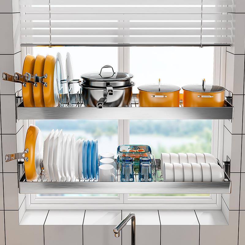 免打孔304不锈钢碗碟架沥水架厨房置物架壁挂水槽上方墙上锅具架