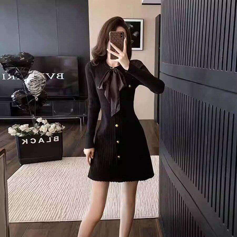 欧洲站秋冬季小香风甜美气质系带针织连衣裙收腰A字裙毛衣打底裙
