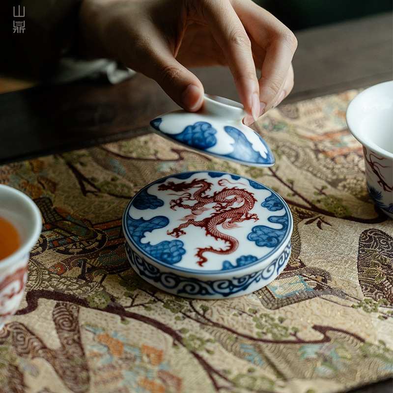 白汝青花龙纹盖置家用陶瓷杯垫功夫茶具陶瓷配件杯托复古杯垫盖托