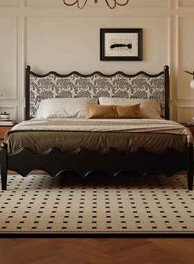 法式床复古米18黑色中古美风波浪F213床式软包实床1木.5米卧室双