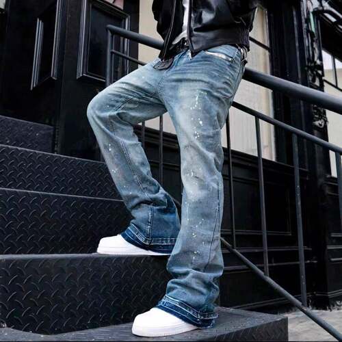 Men's Smoky Grey Destroyed Ripped Skinny Fit Flared Jeans