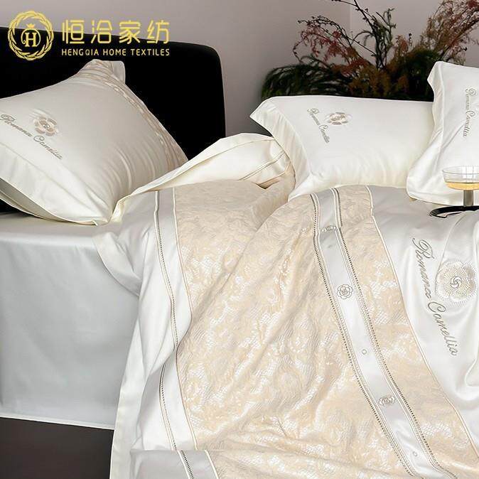 高端少女心全棉长绒棉四件套蕾丝花卉刺绣纯棉被套床上用品白粉色