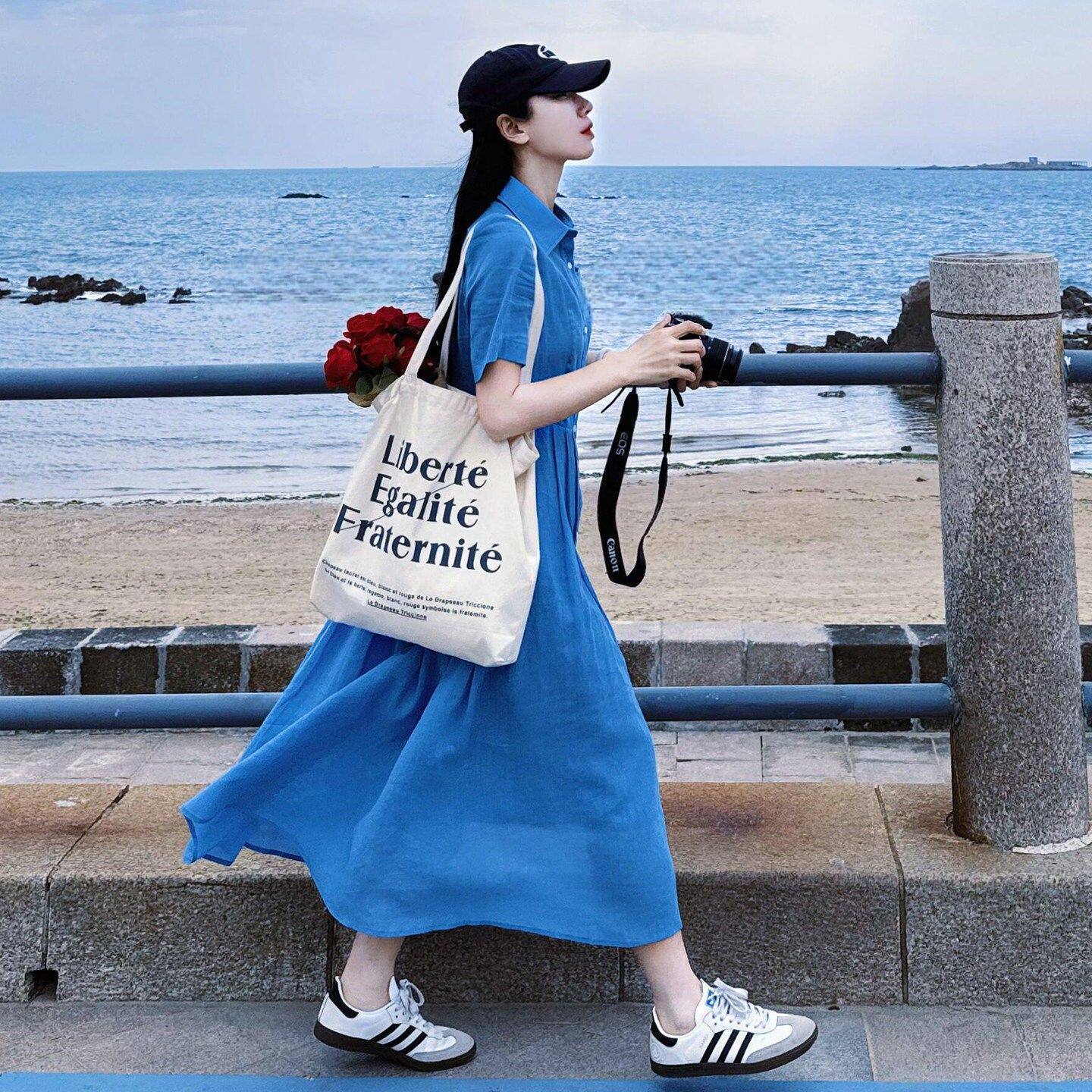 欧洲站2026新款法式白领穿搭收腰显瘦蓝色polo领衬衫式洋装女夏季