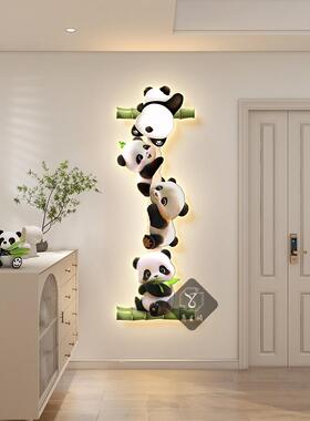 条壁画窄装饰画挂画玄关走廊竹子电视灯风背景墙熊猫细长客厅奶油