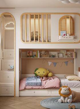 实木童床上NNI下铺高全低床子母树屋床高弟护儿栏双层床姐床二层