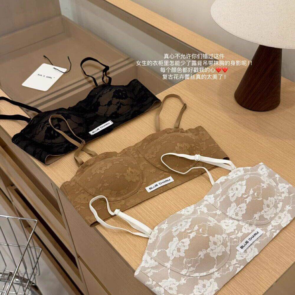 蕾丝小可爱内衣女无痕小胸聚拢防走光美背吊带背心固定杯薄款文胸