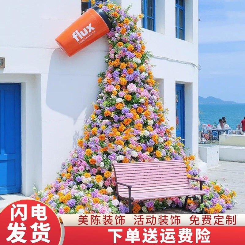 定制玫瑰花瀑布墙彷真假花布置墙打卡花艺背景墙冰川玫瑰造型装饰