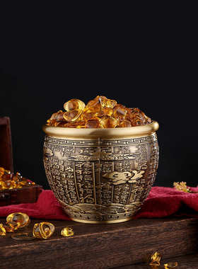 纯黄铜精雕百福祥云缸特大号招米缸聚宝盆书房桌面装饰品金属摆件