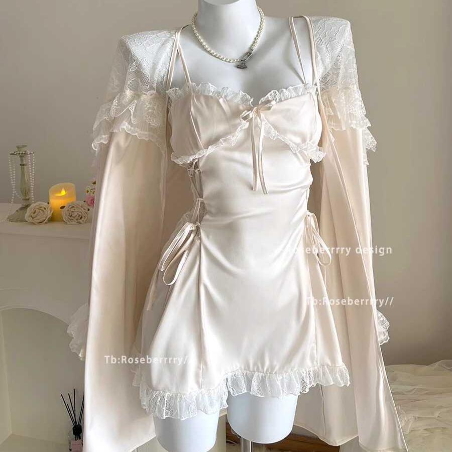 奶芙梨涡~法式带胸垫甜美睡裙纯欲宫廷风露背缎面蕾丝家居服套装