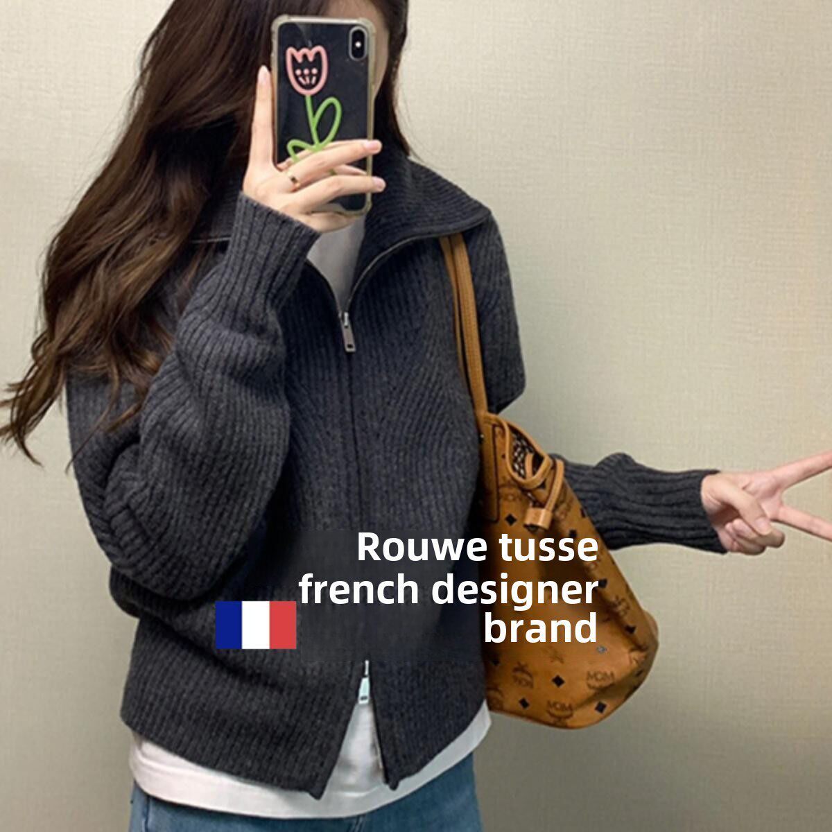Rouje Tusse灰色懒人翻领拉炼羊毛针织品针织品妇女春秋季开衫开