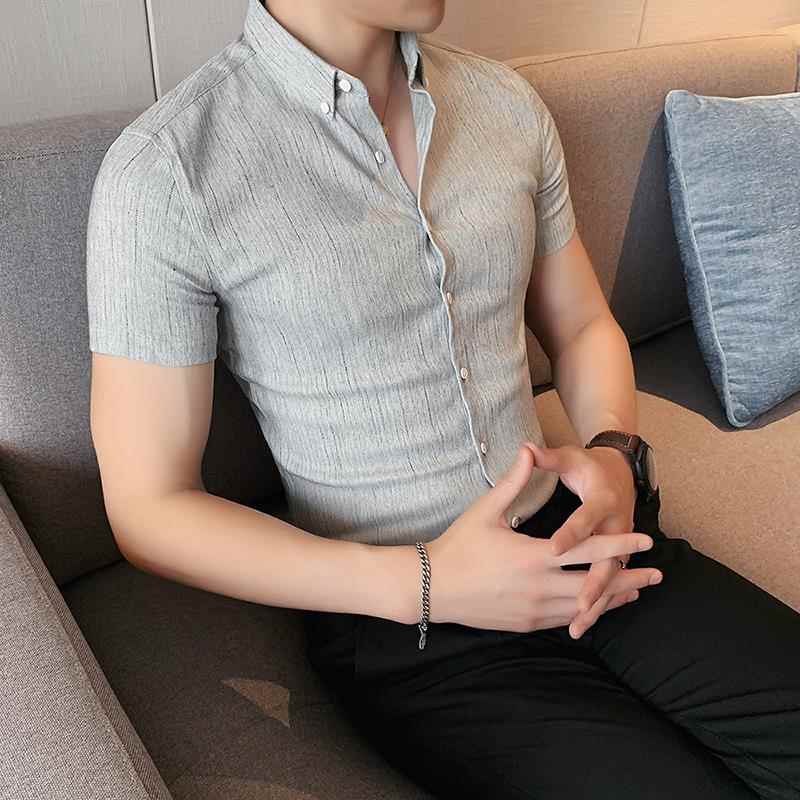潮牌条纹男士衬衫短袖夏季冰丝新款男装修身高级感休闲商务衬衣男