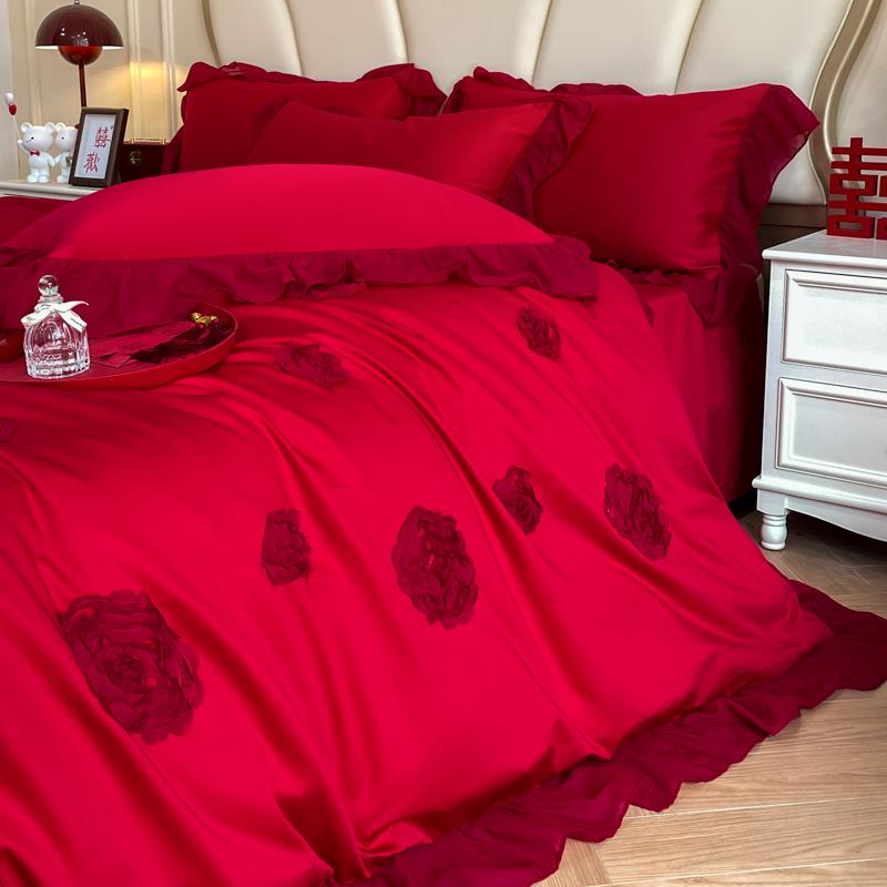 中式玫瑰结婚四用件大红套房色床单被套纯棉F8S588M婚庆床上品婚