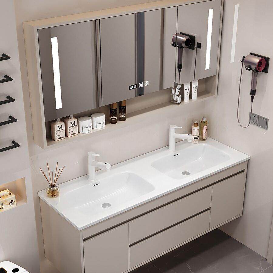 奶油风一体陶瓷双盆洗手盆智能浴室柜组合卫生间洗漱台盆洗手池柜