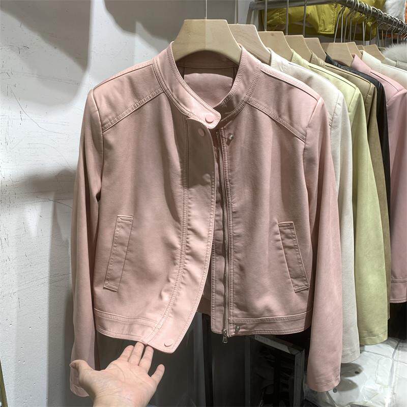 香港粉色皮衣外套女2026春秋爆款气质显瘦百搭皮夹克休闲短款上衣
