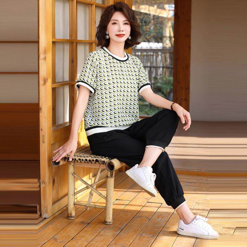 CVY中年妈妈套装女2026夏季新款时尚薄款运动服休闲大码两件套潮