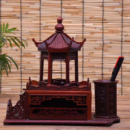 酸枝聚缘亭笔筒仿古六角亭笔筒名片盒套装红木笔筒木雕