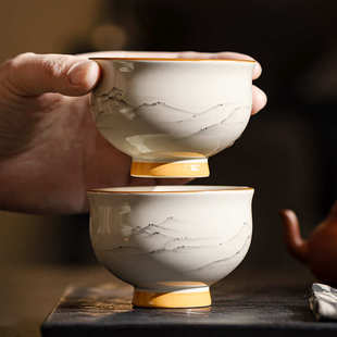 草木灰手绘水墨远山容宝杯主人杯单杯陶瓷茶杯待客复古功夫茶具