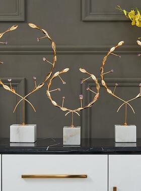 跨境欧式轻奢植物金属摆件高级感家居客厅水晶花环装饰礼品工艺品