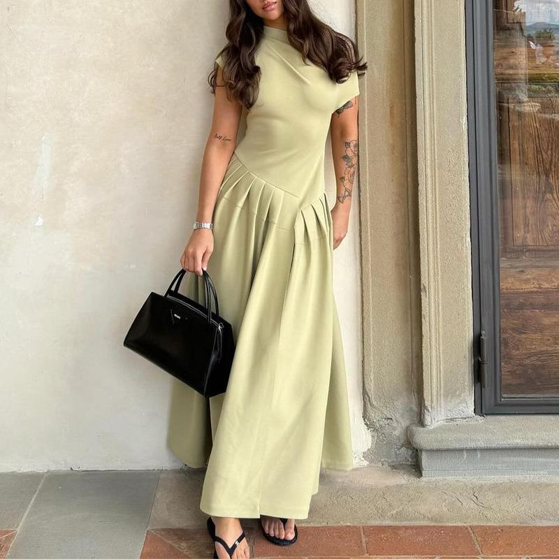 dress long color solid waist high fashionable dress patched