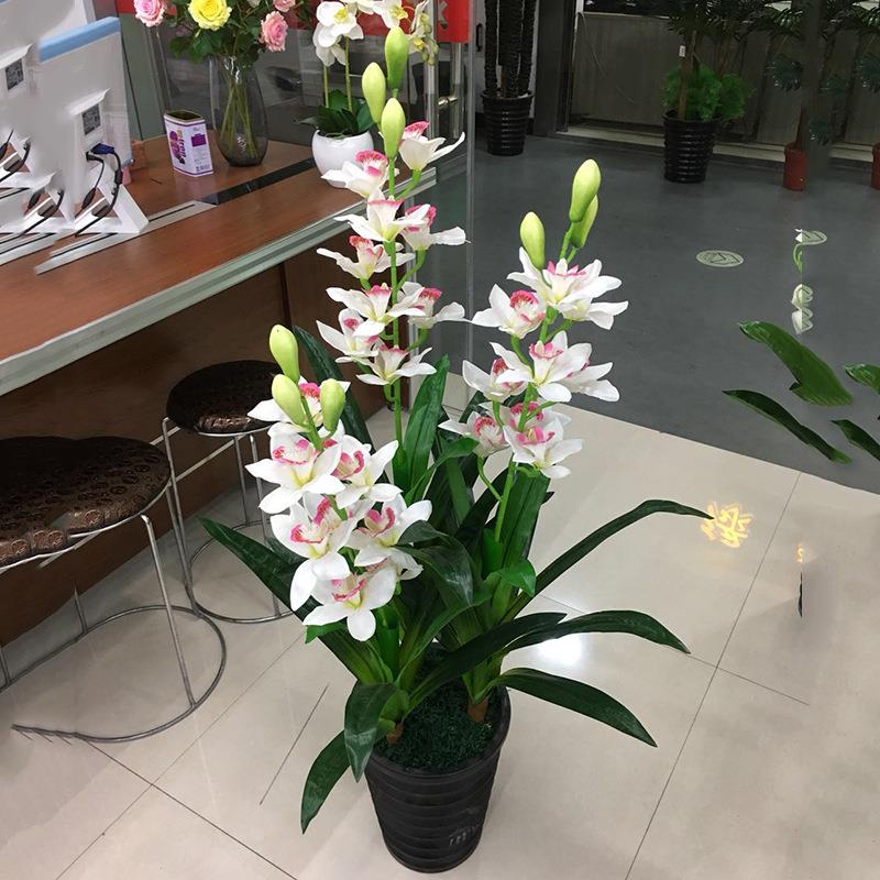 仿18-ZY地真假花三杆绿蕙兰家居装饰仿真植客花厅落盆景室内塑料