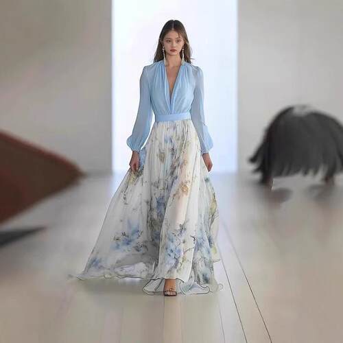 Womens Elegant Floral Print chiffon Dress SemiSheer VNeck