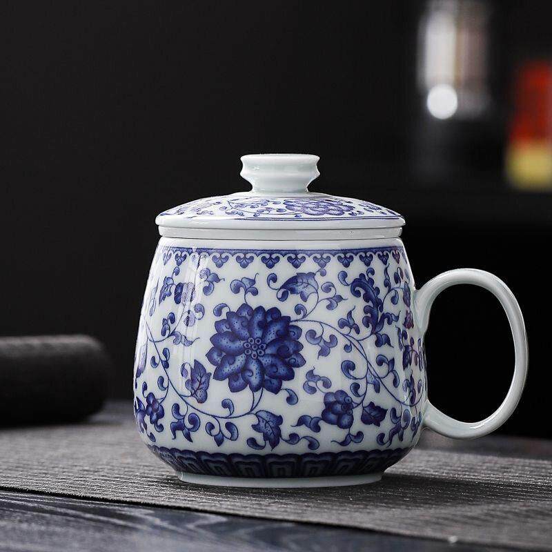 青花瓷茶杯陶瓷办公室个性泡茶杯覆古带盖茶水分离杯子