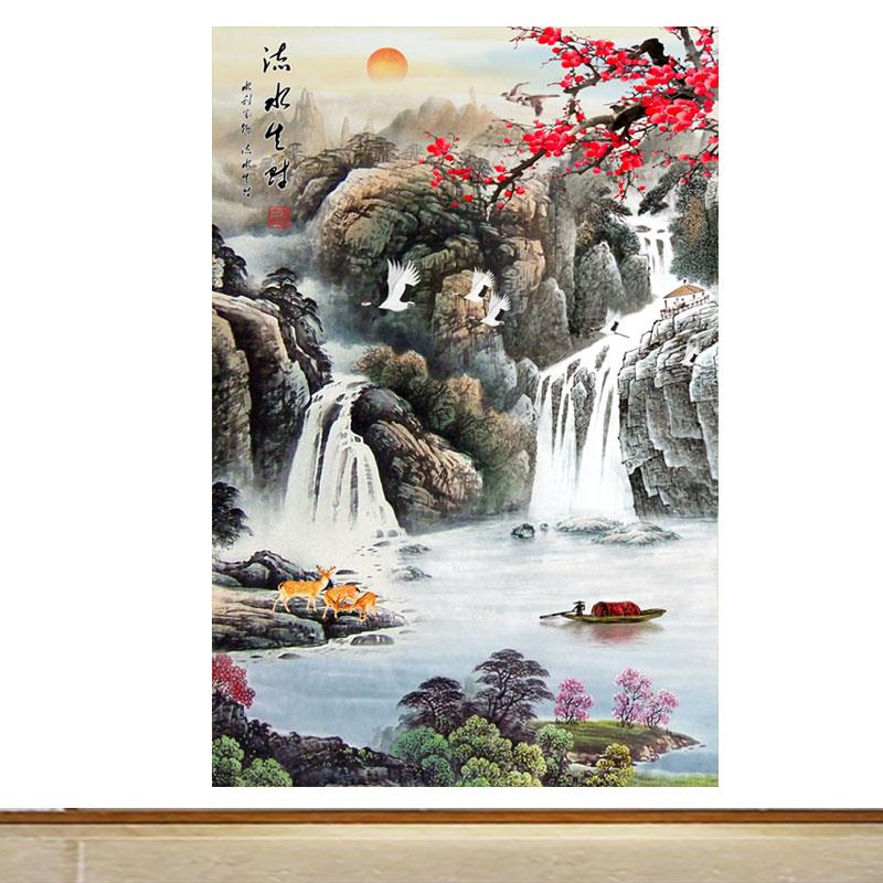 竖版流水生财高山瀑布梅花麋鹿招财画家用玄关背景墙自粘装饰墙画图片