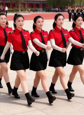 大红色短袖衬衫女军鼓演出服乐队表演服装舞台装春洋鼓队服装套装
