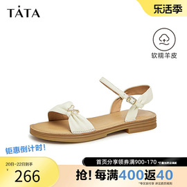 tata他她休闲一字带，凉鞋女平底羊皮，凉鞋奥莱春季夏季ybe05bl3