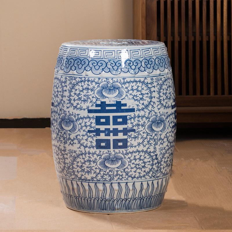 景德镇仿古青花瓷手绘喜字陶瓷摆件中式古典家居软装客厅陶瓷鼓凳