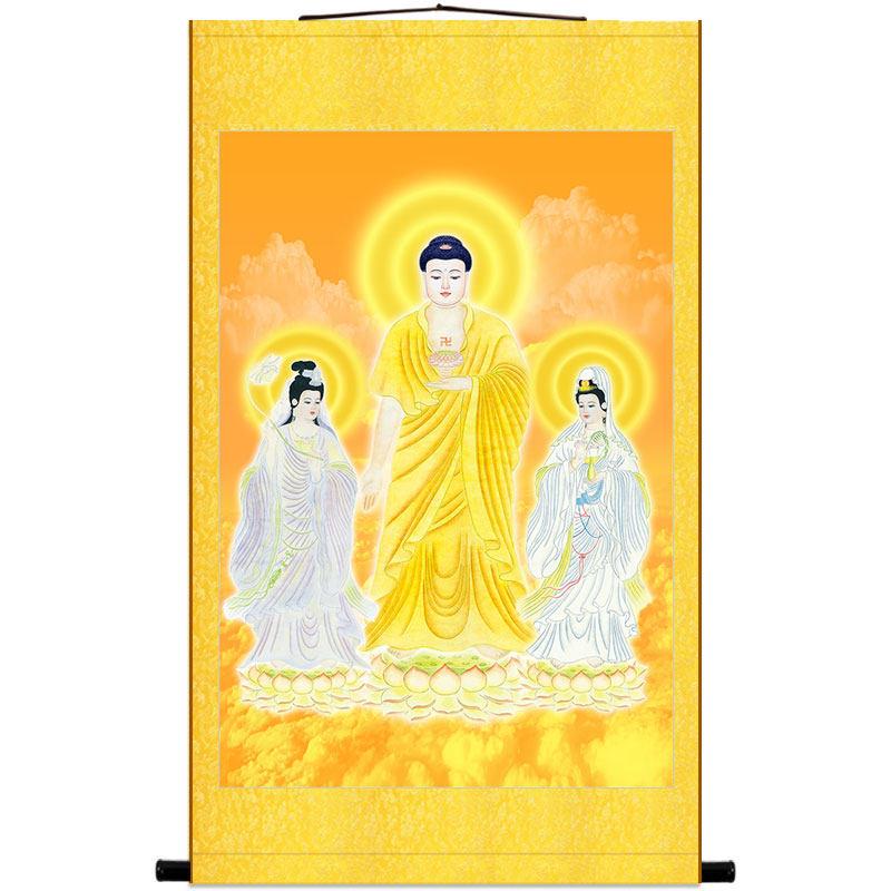 西方三圣佛像画 阿弥陀佛接引佛 观音大势至菩萨佛堂卷轴挂画定制
