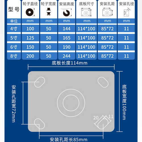 pu8脚轮轮寸静音万向寸6铁芯转向脚轮刹车4重型滚轮减震韩式寸