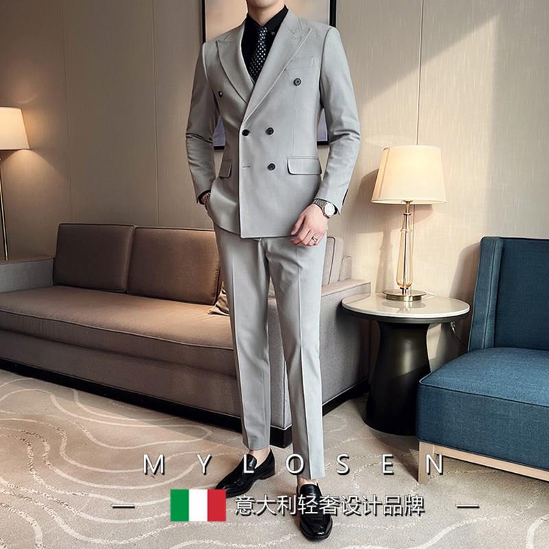 迈洛森西服套装男士英伦双排扣西装三件套商务正装宴会礼服男春季