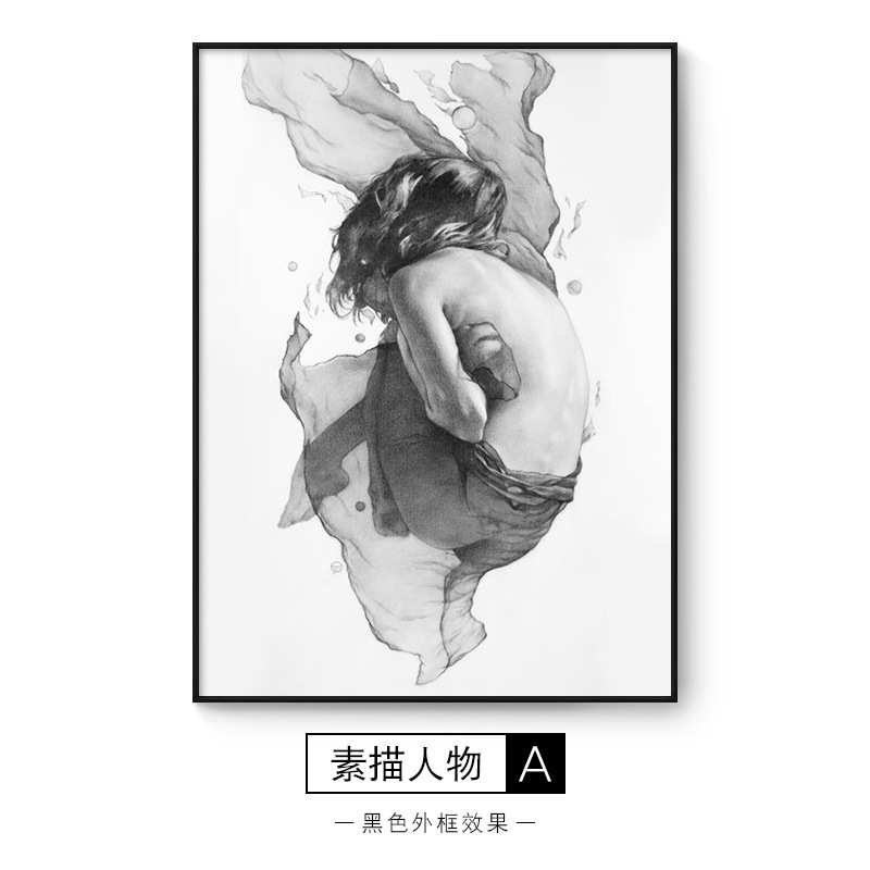 小众装饰画文艺北欧人物复古素描现代落地挂画卧室玄关墙黑白客厅图片