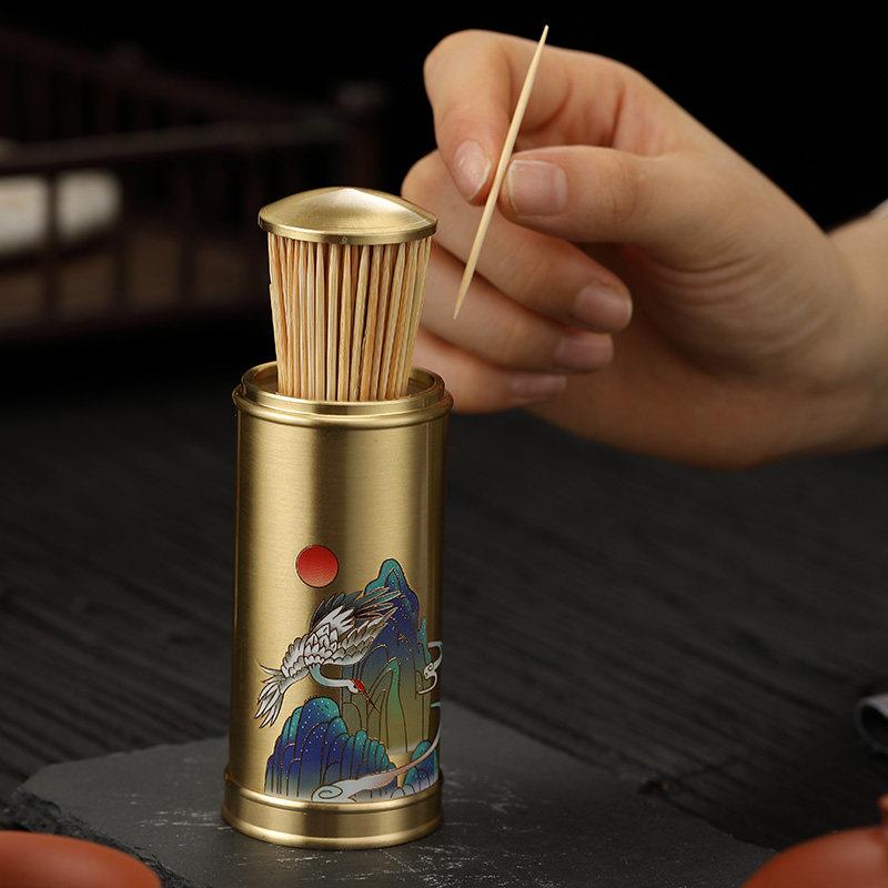 高档黄铜牙签筒可携式手工描金牙签收纳盒按压式黄铜牙签罐摆件